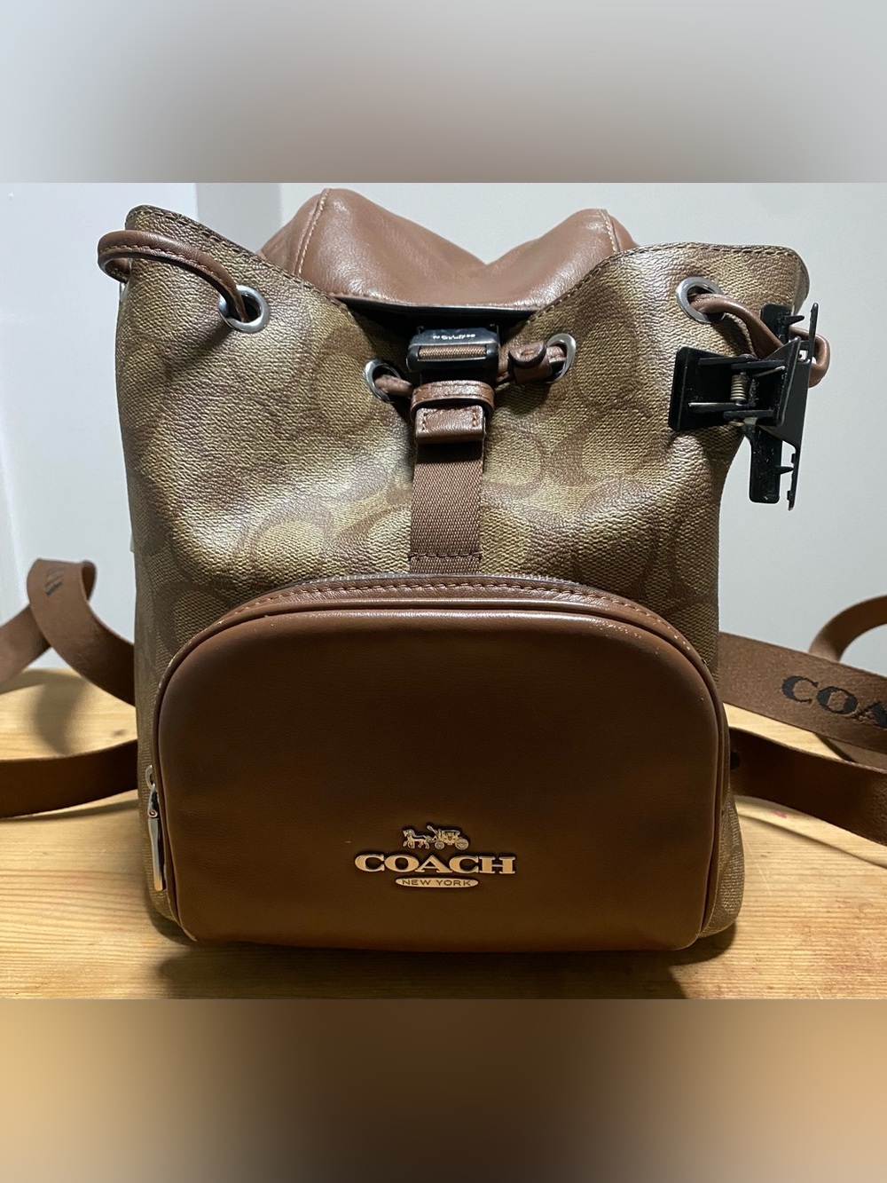 Coach Signature C Brown Drawstring Bucket Backpack Convertible Shoulder Bag
